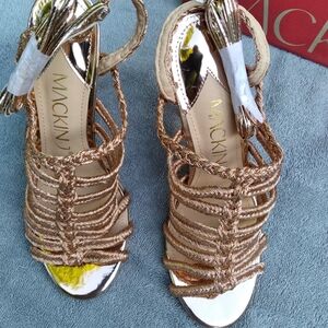 Mackin J rose gold wrap around leg open toe strappy heels